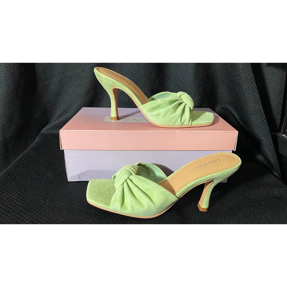 Lisa Vicky Amplify-V Light Green Kid Suede Knotted Heeled Sandals Mules Size 7M